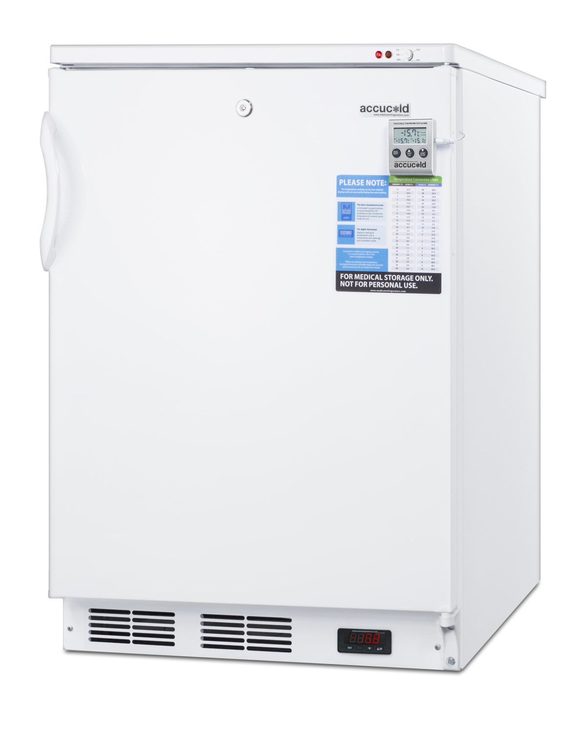 Built-in undercounter vaccine storage all-freezer with digital thermostat, temperature alarm, hospital grade cord, self-closing door, and front lock